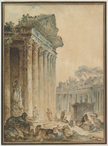 Capriccio med et gammelt tempel af Hubert Robert