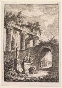 Aftener i Rom: Statuen foran ruiner af Hubert Robert