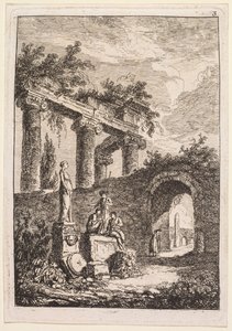 Aftener i Rom: Statuen foran ruiner, 1763-1764. af Hubert Robert