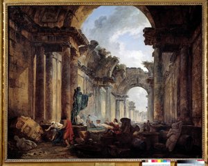Imaginær udsigt over Grand Galerie du Louvre i ruiner Maleri af Hubert Robert (1733-1808) Søn. 1,14x1,46 m. af Hubert Robert