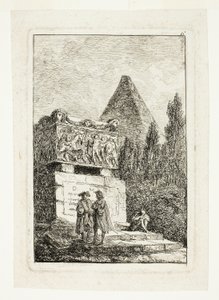 Landskab med pyramide og sarkofag, plade seks fra Les Soirées de Rome af Hubert Robert