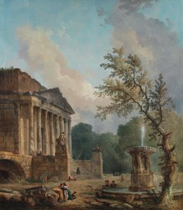 Landskab med ruinerne af et romersk tempel af Hubert Robert