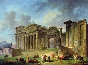 Mand tegner ruinerne af et klassisk tempel (olie på lærred) af Hubert Robert