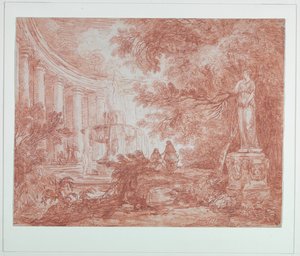 Park med springvand og statue af Hubert Robert