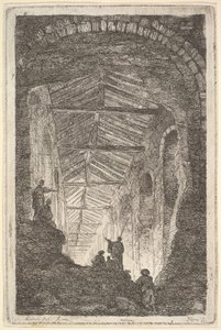 Plade 10: The Ancient Gallery: et stort overdækket galleri, der kommer lys ind fra bag... ca. 1763-64. af Hubert Robert