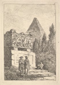 Plade 6: Sarkofagen: to mænd i samtale til venstre, en anden mand siddende og sovende..., ca. 1763-64. af Hubert Robert