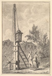 Plade 9: Remskiven: en mand og en kvinde taler til højre, en lanterne hang på en pos..., ca. 1763-64. af Hubert Robert