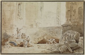 Romersk capriccio med en gadesangerinde af Hubert Robert