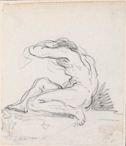 Siddende nøgen mand med arm over hovedet, set fra siden af Hubert Robert