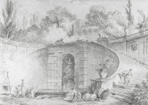 Den store trappe, 1761-1765 (pen og sort blæk, pensel og grå vask og akvarel over sort kridt undertegning på råhvidt lagt papir, vandmærke) af Hubert Robert