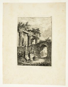 Statuen foran ruinerne, planche tre fra Les Soirées de Rome af Hubert Robert