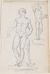 To statuer af mandlige nøgenbilleder af Hubert Robert