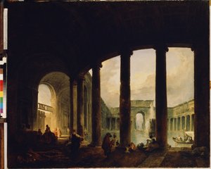 ""En pool omgivet af en søjlegang"" (Pool omgivet af en søjlegang (Villa Giulia?)) Dette kan være Villa Giulia i Rom. Maleri af Hubert Robert (1733-1808) Eremitagemuseet Sankt Petersborg af Hubert Robert