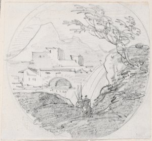 Udsigt fra en højderyg til en landsby og det fjerne bjerg af Hubert Robert