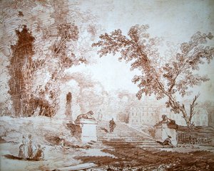 Udsigt over en have med terrasse (rødt kridt på papir) af Hubert Robert
