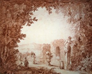 Udsigt over en have med statuer (rødt kridt på papir) af Hubert Robert