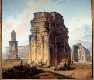 Udsigt over Triumfbuen og Teatret for Orangemaleri af Hubert Robert (1733-1808) 1700-tallets Søn. 2,42x2,42 m af Hubert Robert