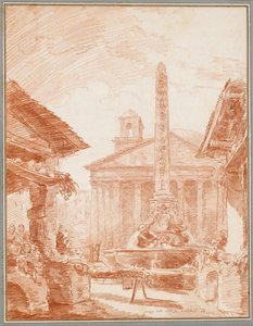 View of the Piazza della Rotonda in Rome with the Tritons fountain and the Pantheon facadedani af Hubert Robert