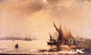 Fiskere på kysten i en rolig flodmundingsscene ved daggry af Hubert Thornley