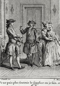Jeg kan ikke tåle pinslerne her mere, hvor jeg er, illustration til Eugenie af Beaumarchais, indgraveret af Louis Joseph Masquelier (1741-1811) af Hubert after Gravelot