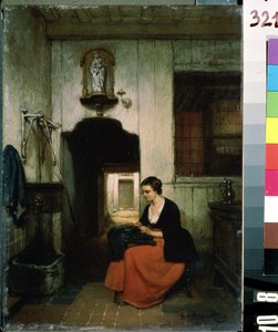 ""La brodeuse"" (Broderinden) Ung kvinde laver syarbejde i et belgisk interiør. Maleri af Hubertus van Hove (1814-1865) 1860 Mikhail Kroshitsky kunstmuseum, Sevastopol (Sevastopol) Ukraine