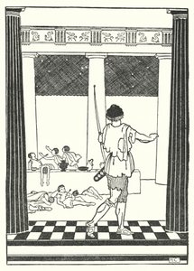 Odysseus dræber Penelopes bejlere (litografi) af Hugh Chesterman