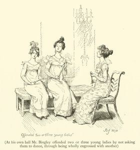 Ved sit eget bal fornærmede hr. Bingley to eller tre unge damer ved ikke at bede dem om at danse, ved at være helt opslugt af en anden (gravering) af Hugh Thomson