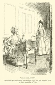 Kom her, barn, Madame Duval fortæller Evelina, at "hun havde det i hovedet at gøre noget ud af" hende (gravering)