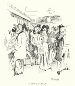 London: A Railway Bookstall (farvelitografi) af Hugh Thomson