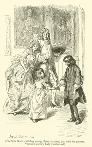 Den lille Beatrix beder unge Henry om også at komme med sine forældre, Viscount og My Lady Castlewood (gravering) af Hugh Thomson