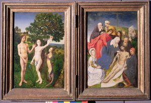 Diptyk: Syndefaldet (Adam og Eva, slangen og æblet) og Jesu nedstigning fra korset (efter 1479)