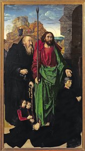Portinari-altertavlen, Sankt Thomas og Sankt Antonius eremitten med Tommaso Portinari og de to sønner Antonio og Pigello, venstre fløj, ca.1479 af Hugo van der Goes