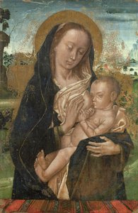 Jomfru Maria gør Jesusbarnet stille, efter 1476 af Hugo van der studio of Goes