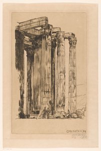 Olympieion med to mand foran en kolonne Olymπeion (titel på objekt)