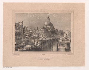 Se på de Stromarkt, het Singel og de Lutherse kirke Den lutherske kirke. Udsigt taget på kanalen (kendt som Singel) (titel på objekt) Souvenir of Amsterdam Eight Views tegnet og litograferet fra naturen af ​​H. van Hove Bz. (serietitel)