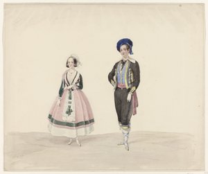 Mand og kvinde i historisk dragt, 1841 Seks akvareller af historiske kostumer til kostumeballet i 1841 (serietitel)