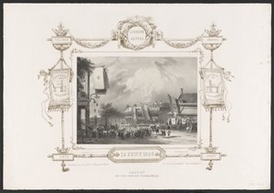 Procession med en trykpresse, 1836 Optogt van eene working Drukkerij / 15. juni 1836 (titel på objekt) Plader med fejringen af ​​det andet hundrede år for Utrechtsche Hogeschool, 1836 (serietitel)