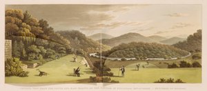 Generel udsigt fra syd- og østfacaden af sommerhuset i Endsleigh, Devon (før) fra "Fragments on the Theory and Practice of Landscape Gardening", pub. 1816 (farvelitografi) (se også 103914) af Humphry Repton