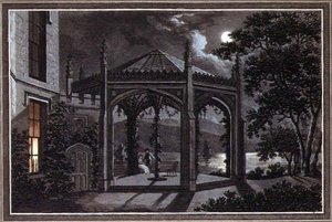 Pavillon og drivhus til et gotisk palæ, fra "Observations on the Theory and Practice of Landscape Gardening", pub. 1802 (farvelitografi) af Humphry Repton