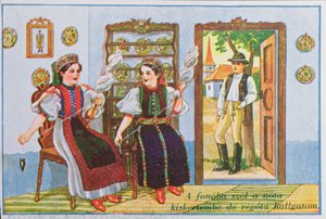 Postkort, der forestiller kvinder i traditionel ungarsk kjole, der spinder og synger den populære sang Sing a Song to the Frog, ca. 1940 af Hungarian School