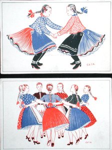Postkort med traditionelle ungarske danse, ca. 1947-8 (farve litho) af Hungarian School