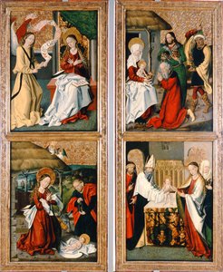 Bebudelsen, Kristi fødsel, magiernes tilbedelse og præsentationen i templet fra Szepeshely-altertavlen, 1480-90 af Hungarian School
