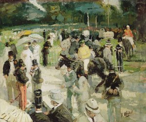 Racing på Longchamp (olie på lærred) af Hurst Balmford