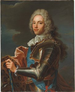 Portræt af Duc de Broglie, i skærf af Sainte Esprit-ordenen, med stafetten af en marskal af Frankrig af Hyacinthe Francois Rigaud