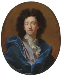 Portræt af kunstneren, brystlængde, i blondehalsbånd og blå kappe af Hyacinthe Francois Rigaud