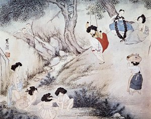 Kvinder udendørs (bader i floden og gynger) og to mænd ser på dem, Kree - af Hye-Wol, Yi Dynasty af Hyewon