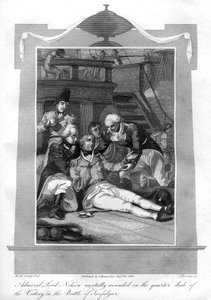 Admiral Nelson liggende dødeligt såret på kvartdækket af HMS Victory, 1816.
