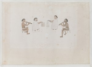 Musikere fra Tahiti. Fire Tahitianere, to klædt i hoppen, der spiller på næsefløjte; to klædt i tiputa, der slår trommer, Optaget i Joseph Banks