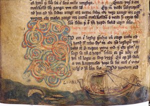 Historikert initial S, fra en kopi af den originale Jonsbok lovsamling fra det 13. århundrede