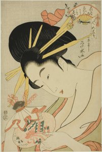 Courtesane Hanahito fra Ogiya og ledsagerne Sakura og Momiji, fra serien "Beauties of the Five Festivals (Bijin gosekku)"
